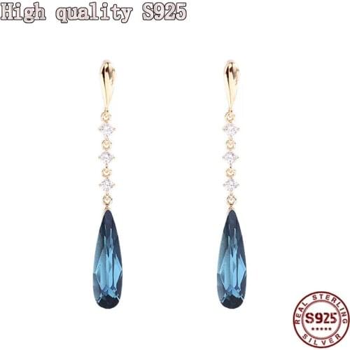 2021 New High Quality Medium Length S925 Silver Needle Personalized Blue Crystal Water Drop Womens Earrings Fashion Jewelry