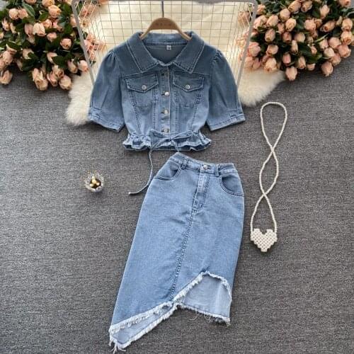 2021 summer puff sleeve denim jacket +high waist irregular a-line denim skirt women 2 piece sets