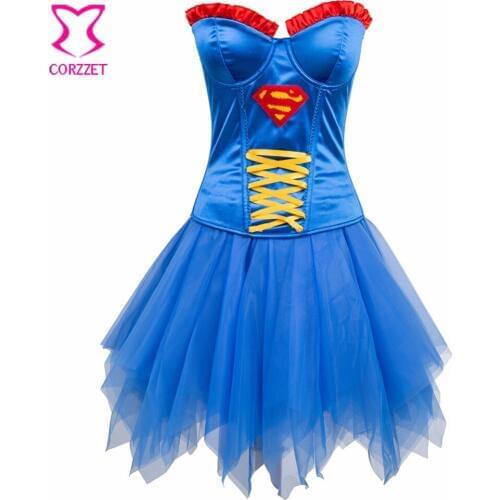 Blue Push Up Bustier Sexy Corset Dress Women Superhero Burlesque Costumes Corpetes E Corselet Corsets Skirt Set Gothic Clothing