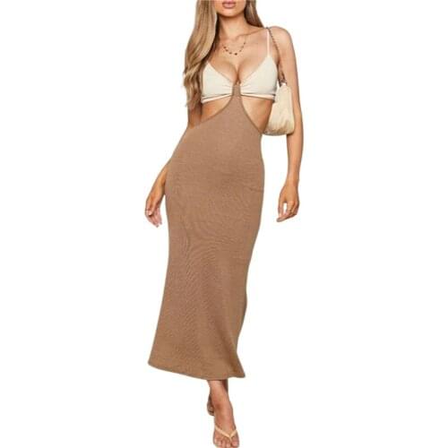 Women Knit Cut Out Maxi Dress Sexy Spaghetti Strap Backless Ribbed Long Dresses Summer Beachwear Y2k Streetwear