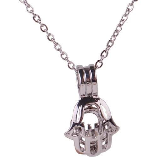 10pcs Copper silver Hand Hamsa Beads Cage Essential Oil Diffuser Perfume Pearl Cage Locket necklace 45cm stainless steel chains