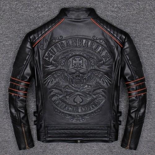 2020 Black Men Skulls Embroidery Slim Fit Bikers Leather Jacket Plus Size 4XL Real Cowhide Short Motorcycle Coat FREE SHIPPING