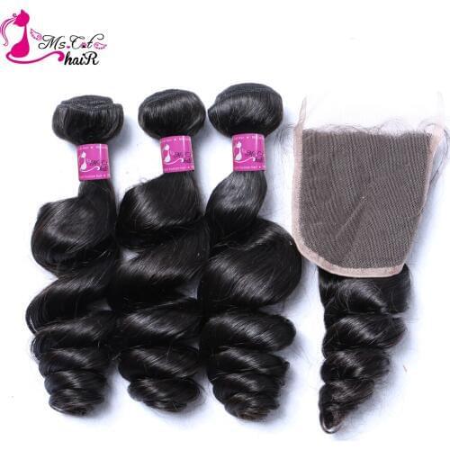 Ms Cat Loose Wave 3 Bundles With Closure Human Hair with Closure Brazilian Hair Weave Bundles remy Hair extensions 4 pcs/lot