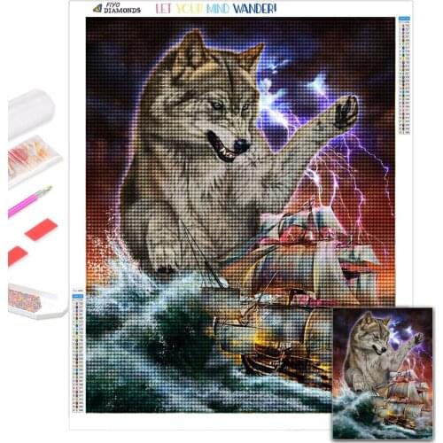 5D Diamond Painting Wolf Tiger Full Drill Diamond Embroidery Sailboat Ship Animal Diamond Mosaic Cross Stitch Home Decoration
