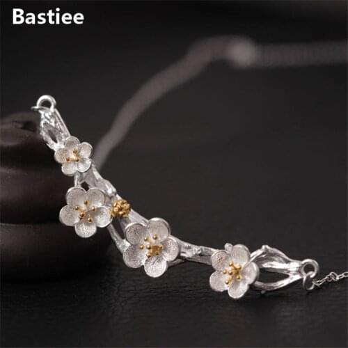 Bastiee 925 Sterling Silver Necklace Pendant Crystal Plum Blossom Flower Luxury Jewelry For Women Ethnic Link Chain Jewellery