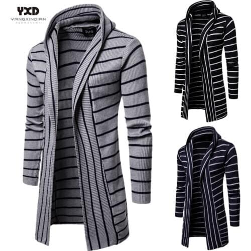 Free shipping Mens Clothes Striped Spliced Long Cardigans Mans Hooded Knitted Sweater Men Slim Cardigan Man Coat Homie Outwears