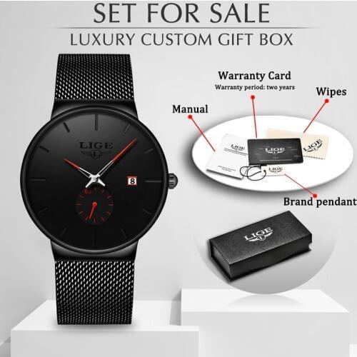 LIGE Ultra Thin Stainless Steel Quartz Watches Men Simple Fashion Business Japan Waterproof Wristwatch Clock Relogio Masculino
