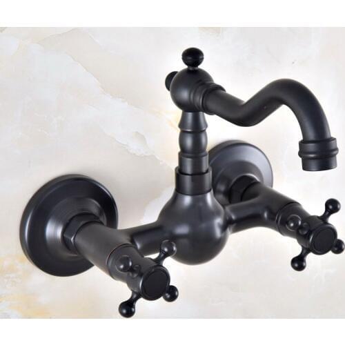 Black Oil Rubbed Bronze Bathroom Kitchen Sink Faucet Mixer Tap Swivel Spout Wall Mounted Two Handles mnf853