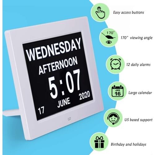 8" Large Screen Digital Calendar Alarm Day Clock Dementia Elderly Seniors Non-Abbreviated