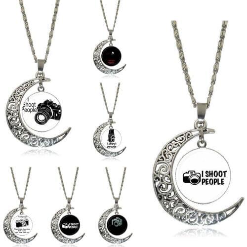 EJ Glaze Glass Cabochon Choker Moon Pendant Necklace Silver Color Jewelry For Girls Gift I Shoot People