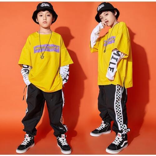 Yellow Jazz Dance Costumes Boys Printing Street Dance Performance Clothing Practice Clothes Kids Hip Hop Rave Outfit DC2962