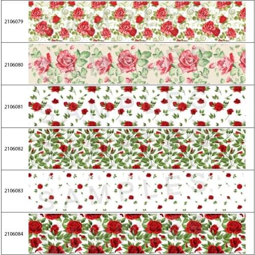 Beauty Rose Flowers Printed Grosgrain Ribbon Sumber Style 5Yards for DIY Hair Bow Handmade Material Headdress