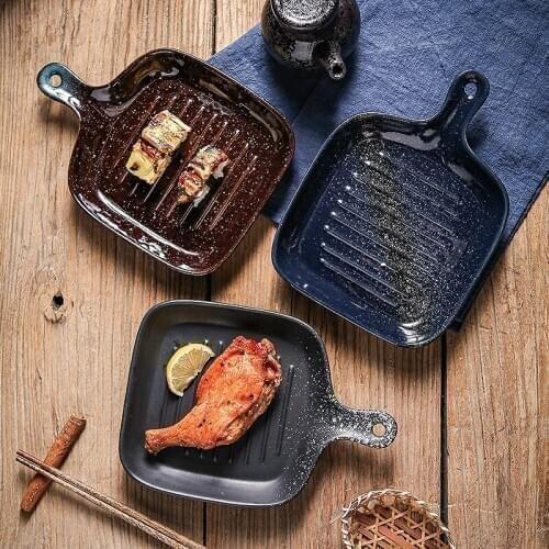 Japanese-style Square Plate With Handle Ceramic Tableware Ceramic Plate With Handle Baking Tray Cheese Pasta Baking Tray