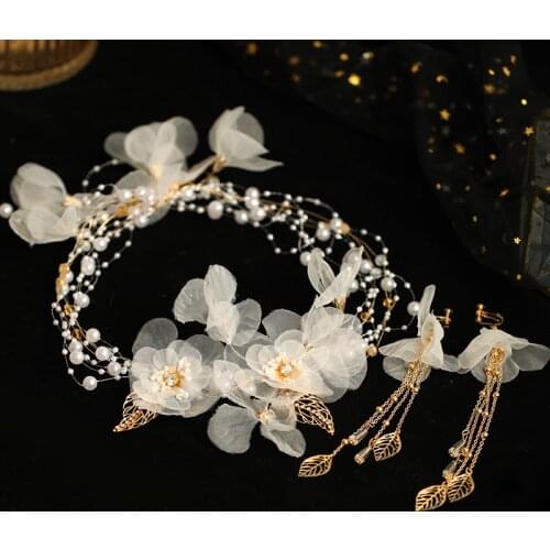 Ribbon Flower Headbands Gold Pearl Hairbands Wedding Hair Accessories Tassel Earrings For Women Jewelry Head Vines Piece