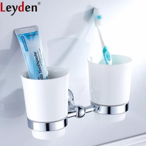 Leyden Wall Mounted Chrome Brass Double Toothbrush Holders With 2 Creamic Cups Double Tooth Cup Holders Bathroom Accessories