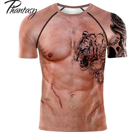 Phantasy Men Muscle Printed T-shirt Short Sleeve Flesh-Colored Tops Summer Sport Tee Shirts Plus Size Casual Streetwear Clothing