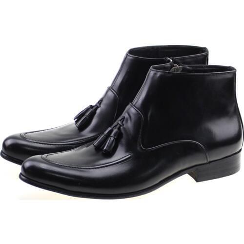 European Style Genuine Leather Men Ankle Boots High Top Zipper Tassel Boots Comfortable Mens Dress Shoes Black Brown