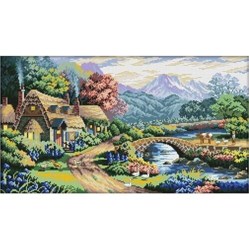 Stamped & Counted Cross Stitch Kit Embroidery Package - Country Landscape