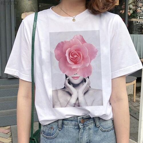 New Harajuku Aesthetics Tshirt Sexy Flowers Feather Print Short Sleeve Tops T shirt Summer Fashion kawaii Casual Lady T-Shirt