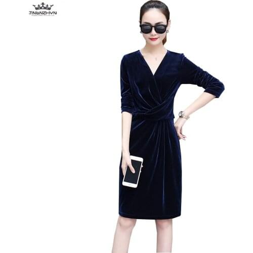 New Boutique Women Slim Casual Long-sleeved Gold Velvet Dress Autumn Winter V-neck Dress Plus size 5XL Solid color Length Dress