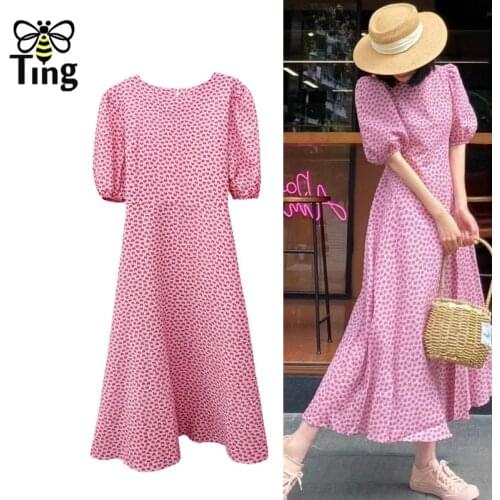 Tingfly Vintage France Chic Lady Girl Street Casual Midi Long Dress Heart Love Print Pink Color A Line Dress Summer Women Cloth