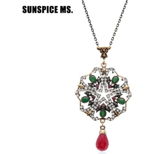 Full Crystal Turkish Women Round Necklaces Antique Resin Jewelry Water Drop Pendant Thin Chain Vintage Flower Wedding Bijoux