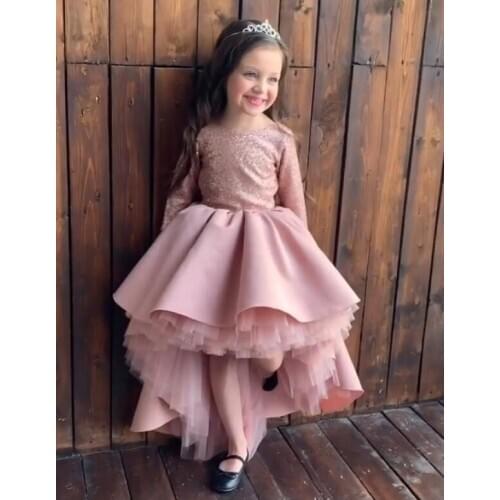 Custom High Low Puffy Girls Dresses Long Sleeves Sequins Top Satin Flower Girl Dress Party Gown Kids Infant Birthday Dress