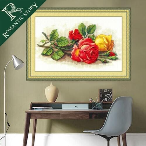 Romantic Story Needlework,DIY DMC Cross Stitch,Sets For Embroidery Kits, Rose Flower Print Counted Pattern Cross-Stitch