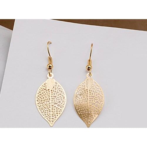 Metal Leaf Dangle Drop Earrings Female Jewelry Gold Color Hanging Leaves Earring Hollow Earings