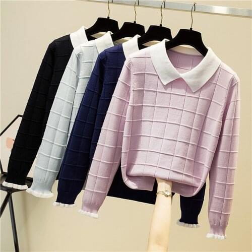Autumn and Winter Womens Sweaters Fashion Contrast Color Collar Knitted Casual Woman Sweaters Turn-down Collar Slim Lady Sweater