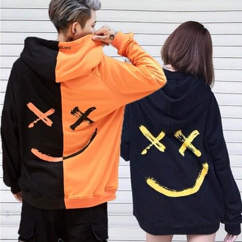 Men Women Hoodies Smile Hoodies Oversized Sweatshirts Fashion Patchwork Unisex Couple Streetwear Print Winter Casual Hooded Full