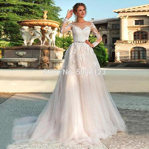 Tulle A Line Wedding Dresses Long Sleeves Scoop Lace Appliques Bridal Gown Court Train Button Illusion Lace Up Vestido De Noiva