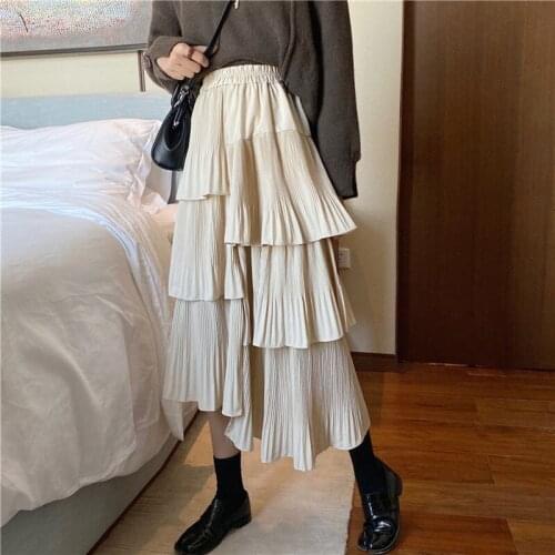 Midi Long Skirts Womens Maxi Skirt Goth Lolita Autumn High Waisted Asymmetrical High Low Ruched Ruffle Skirts rok