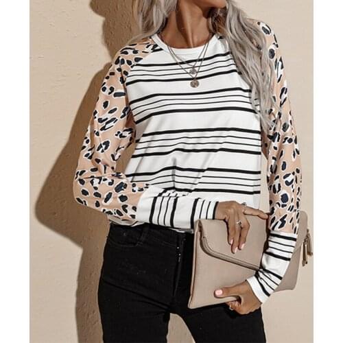 Stripe Leopard Printed Top Women T-shirt Y2k Top Female Clothing O-neck Tops Womens Clothing With Drop Shipping