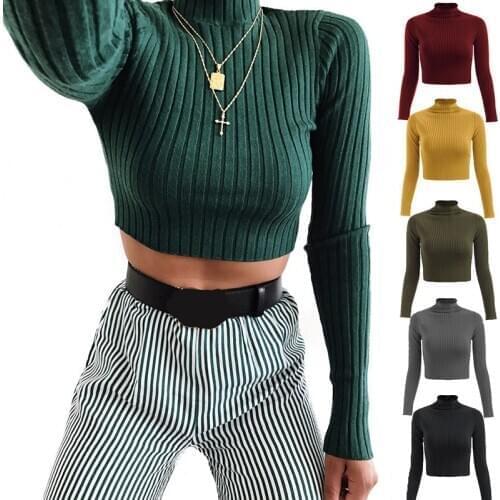 Women T-shirts Long Sleeve Knitted Crop Top Casual Turtleneck Basic Tee Shirts Autumn Winter Vintage Tops Outfits Streetwear