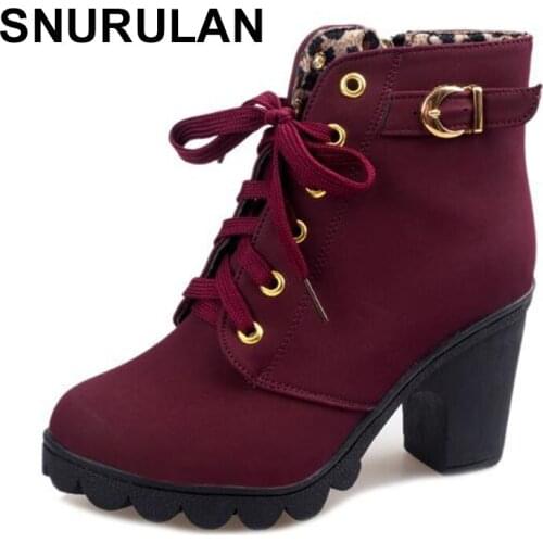 SNURULANPlus Size Ankle Boots Women Platform High Heels Lace Up Buckle Strap Shoes Thick Heel Short Boot Ladies Zipper Footwear
