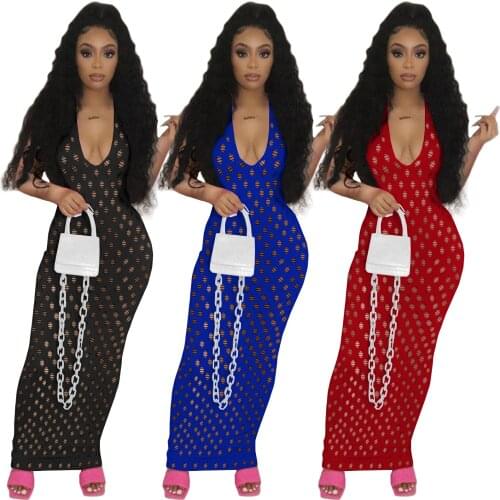 New 2021 Sexy Hollow Out Hole Sleeveless Maxi Dresses for Women Party Night Club Outfits Red Black Bodycon Summer V-neck Dress