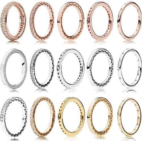 925 Sterling Silver Rose Gold Stackable Love Hearts With Crystal Pan Ring For Women Wedding Party Jewelry