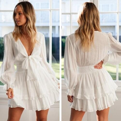 White Dress for Women Summer Sexy V Neck Bow Bandage Hollow Out Party Dress Long Sleeve Beach Short Dress Street Wear ZD1662