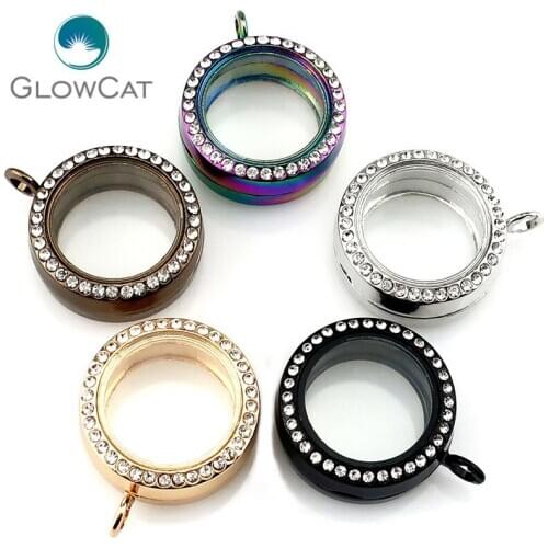 30mm Round Magnetic Glass Floating Locket Pendants With Rhinestones Woman Gift K1167