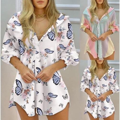 Elegant Summer Ladies Clothing Shirt Dress Stripe Print V Neck Women Single Breasted Long Sleeve Irregular Hem Dress for Office