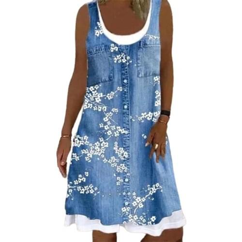 Summer Women Dress Vintage Digital Printing Sleeveless Female Sundress O Neck Fake Pockets Buttons Vest Suit Office Women Dress