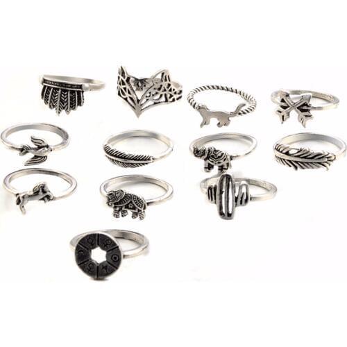 12pcs/Set Punk Animal Rings Shellhard Antique Leaf Elephant Knuckle Midi Stacking Carved Ring Sets Bijoux Fashion Jewelry