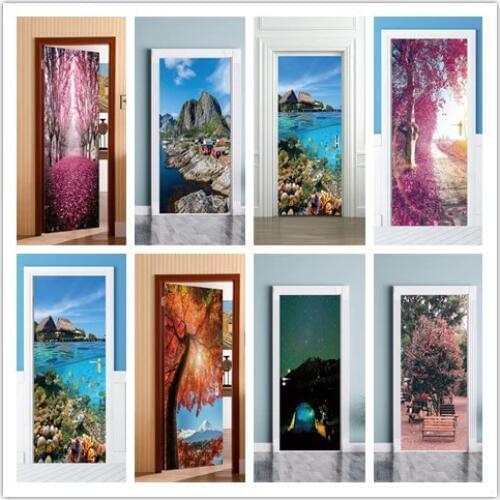 2pcs/set 3D Effect Seaside Landscape Door Sticker Sliding Gate Wallpaper Wall Sticker Living Room Home Bedroom Home Decorative