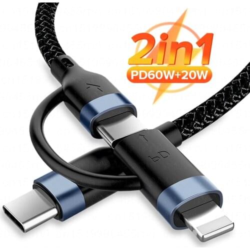 2in1 60W/20W PD USB Type C Cable for iPhone 12 11 Pro XS XR Fast Charging Charger for MacBook Type C USB C Data Wire Cord 1m