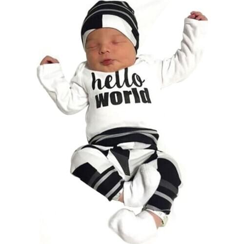 Hello World Print Newborn Infant Baby Boy Romper Jumpsuit With Pants + Hat 3pcs Spring Autumn Boys Clothes Outfit 0-24M