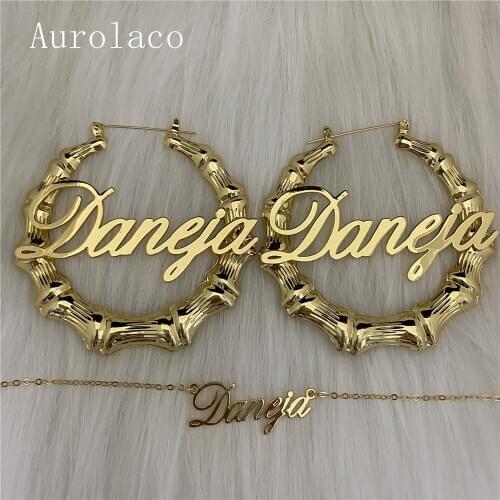 AurolaCo Custom Jewelry Set New Ladies Hoop Earrings Custom Name Earrings Gold Bamboo Earrings Holiday Gifts
