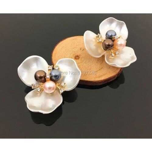 Large White Pearl Flower Buttons Flat Back Crystal Embellishment For DIY Hair Phone Case Decor Jewelry Accessories 40x40mm 10pcs