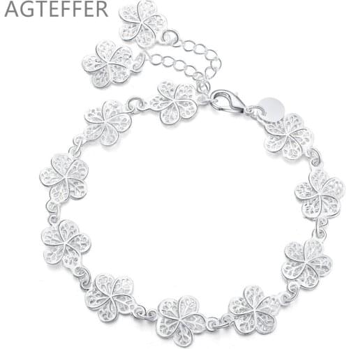 AGTEFFER 925 Sterling Silver Full Flower Bracelet For Women Wedding Engagement Party Fashion Jewelry