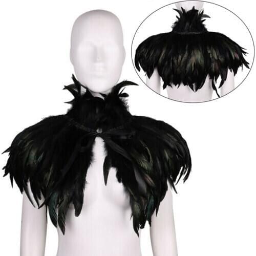 Black Victorian Feather Cape Halloween Shoulder Shrug Goth Costume Natural Feather Shawl Collar Cosplay Party Stole Poncho Cloak